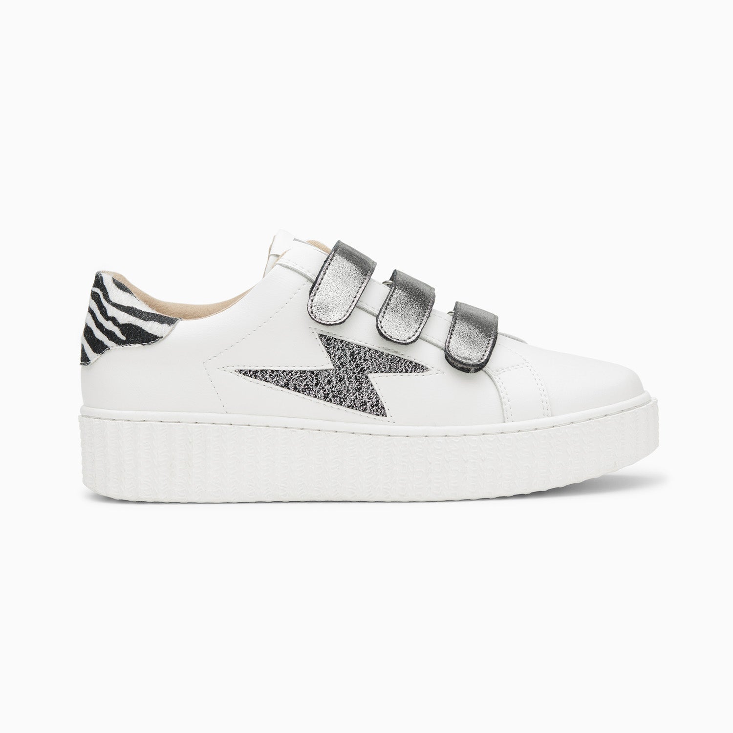 Darine white and zebra storm sneakers with charcoal velcro