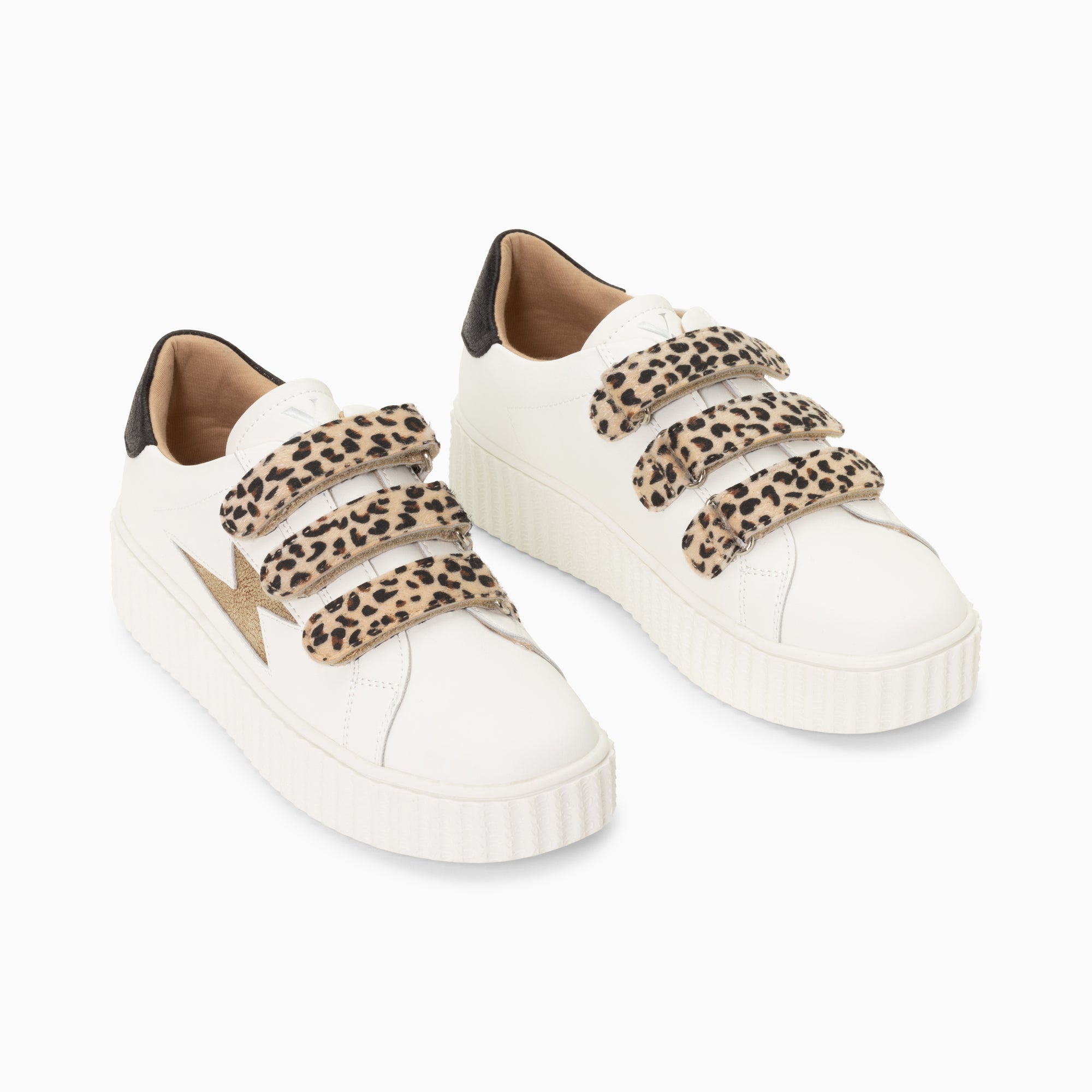 Maggie white and gold storm sneakers with leopard velcro