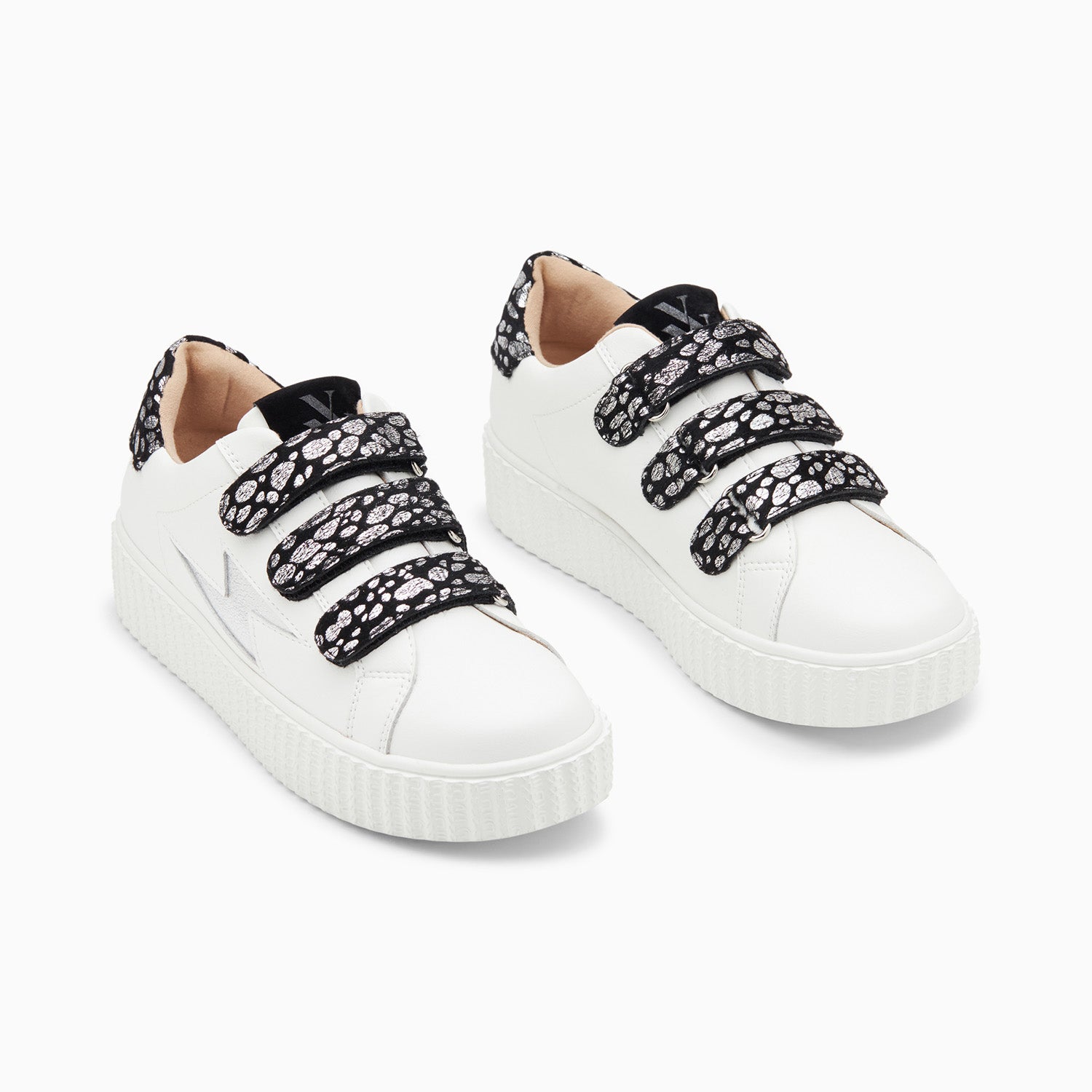 Daisy white and silver storm sneakers with leopard velcro Vanessa Wu