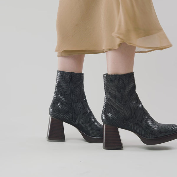 Francesca black snake ankle boots with platform and wooden heel Vanessa Wu