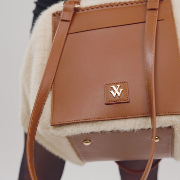 Sac voyage Vanessa Wu femme en fausse fourrure beige et similicuir camel avec anses