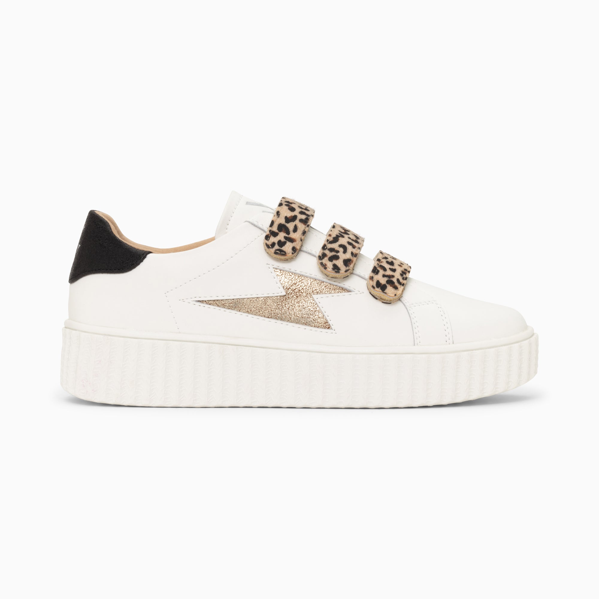 Maggie white and gold storm sneakers with leopard velcro Vanessa Wu