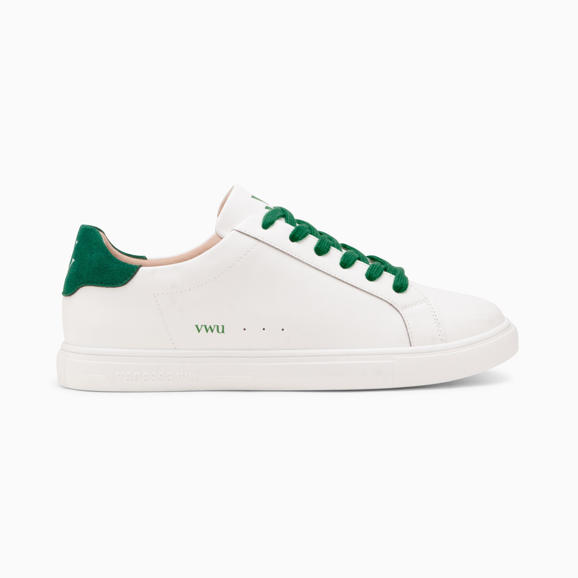 White Steph sneakers with forest green laces Vanessa Wu