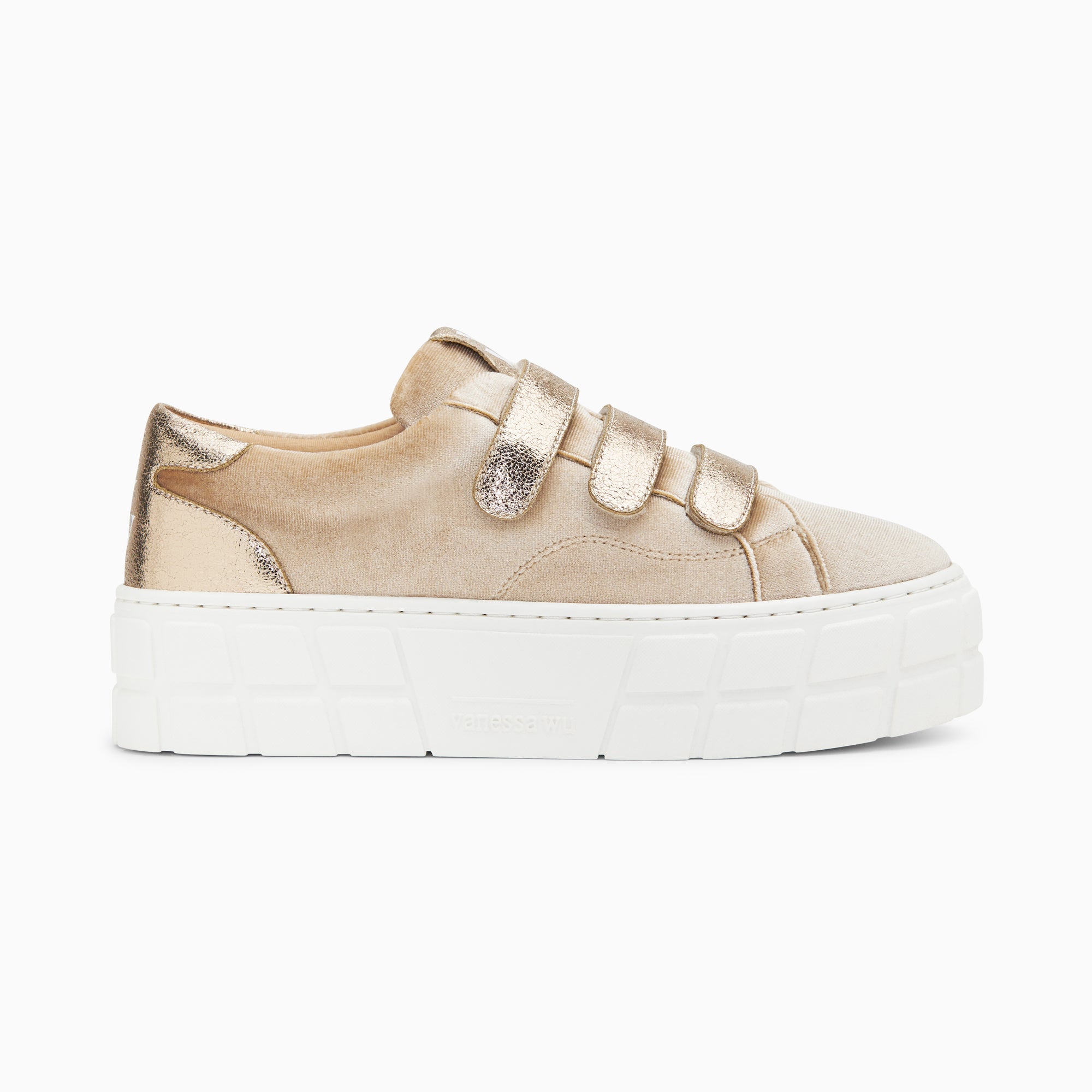 Beige Monica platform sneakers with gold velcro Vanessa Wu