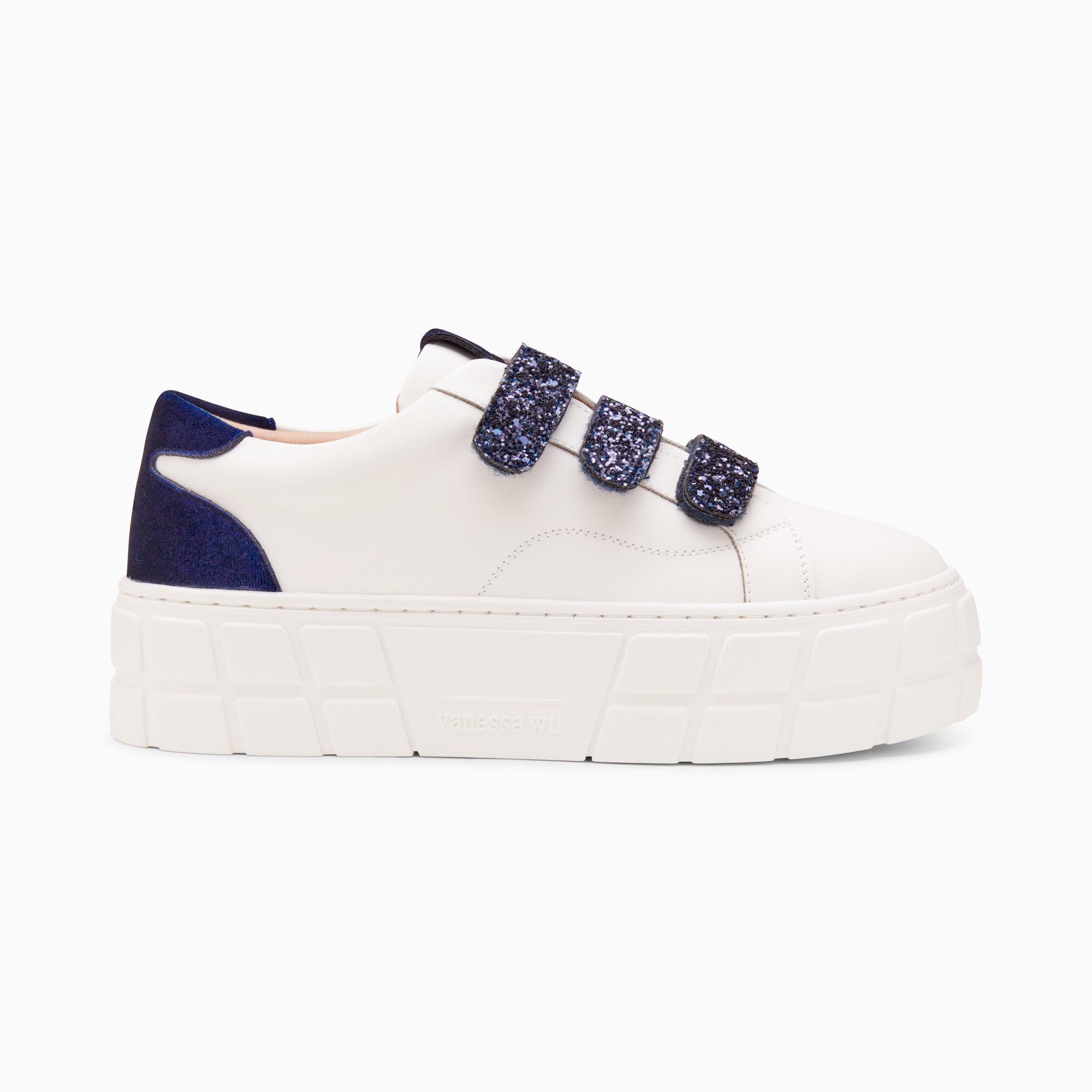 White and navy blue Monica platform sneakers with glitter velcro