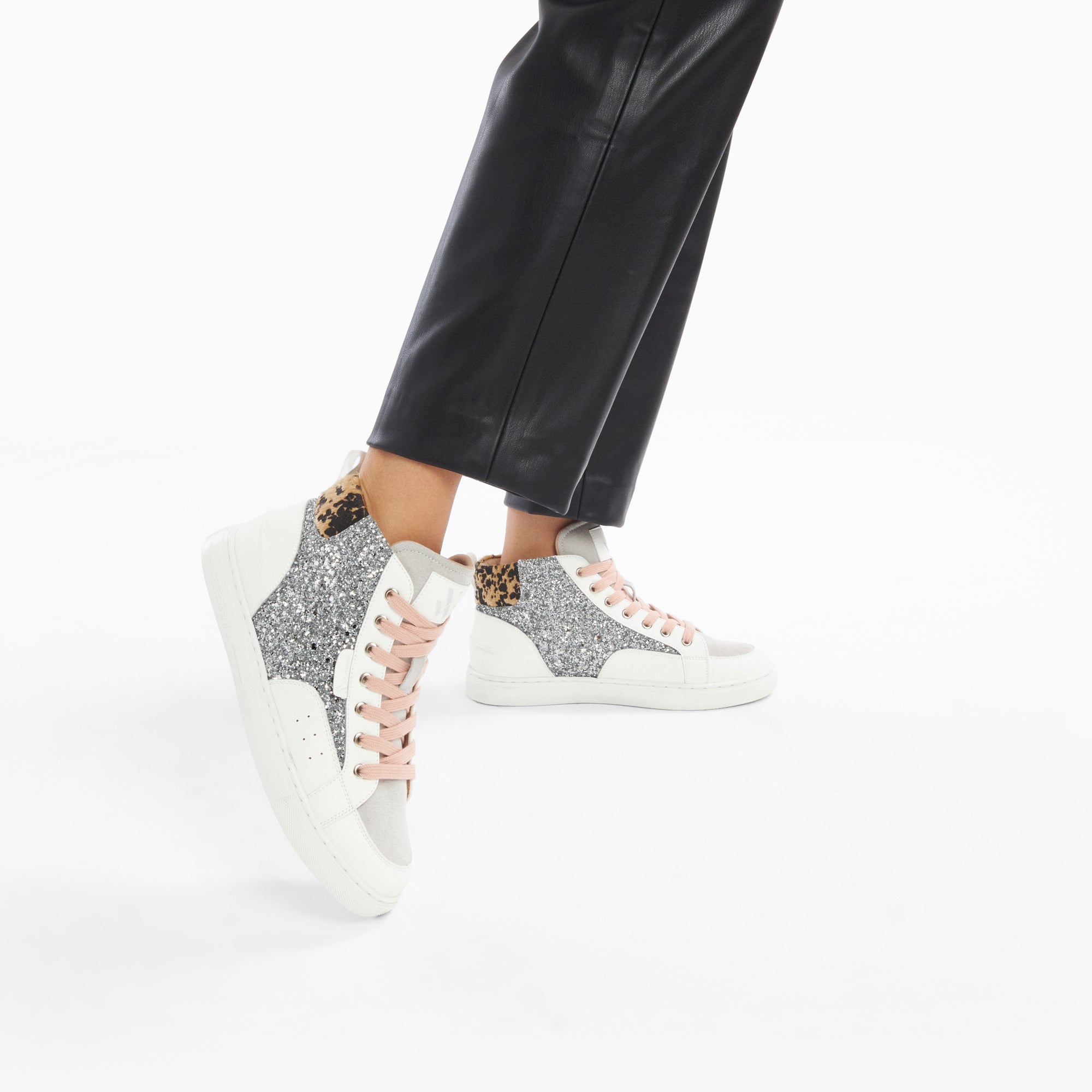 Gwen high-top sneakers with silver glitter and dusty pink laces 