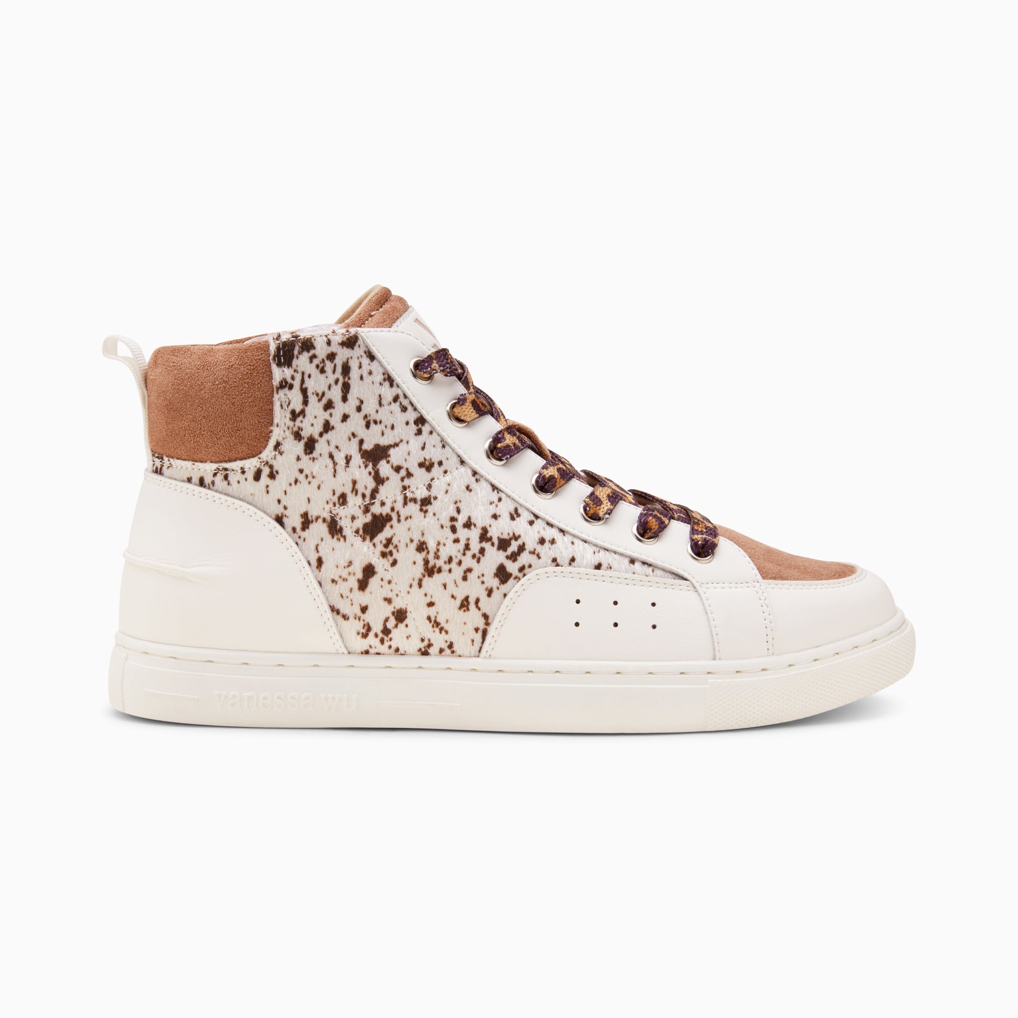 White and brown high top Gwen sneakers with leopard laces Vanessa Wu