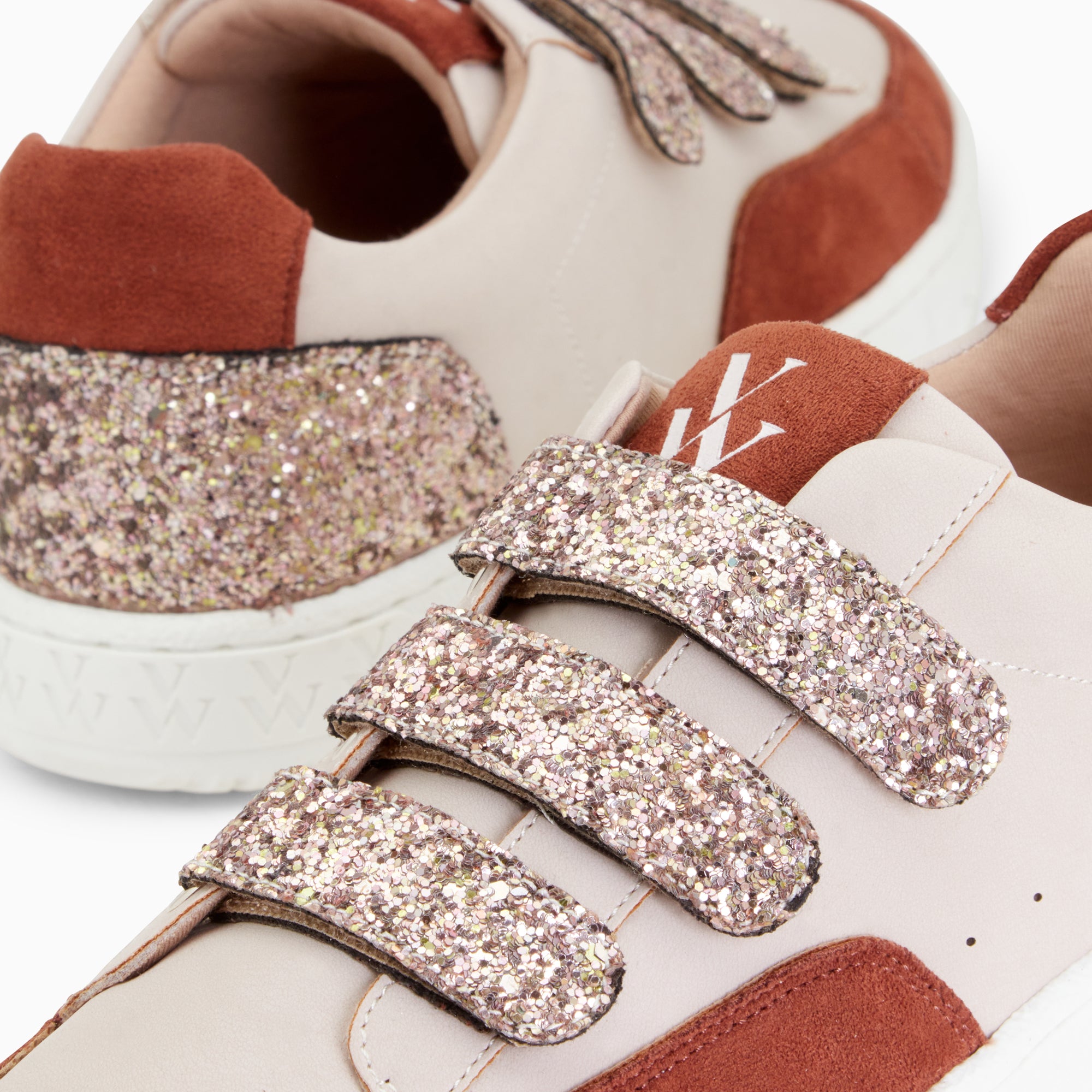 Nude and brown Paloma sneakers with glitter velcro Vanessa Wu