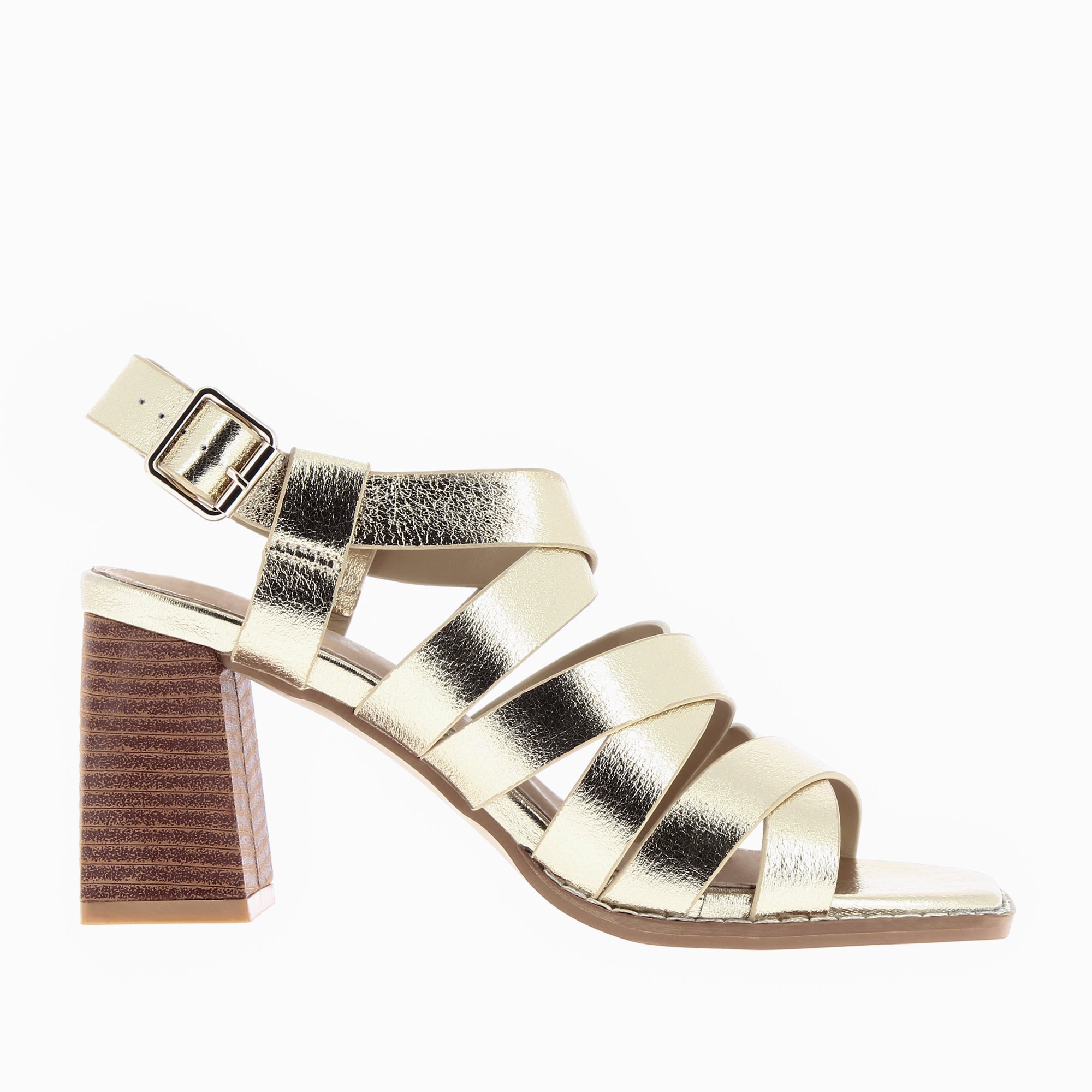 Gold Carrie sandals with multiple crossover straps and high heel