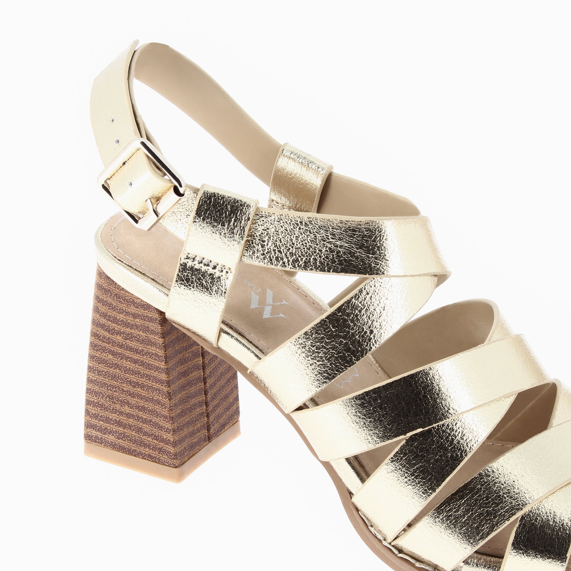 Gold Carrie sandals with multiple crossover straps and high heel