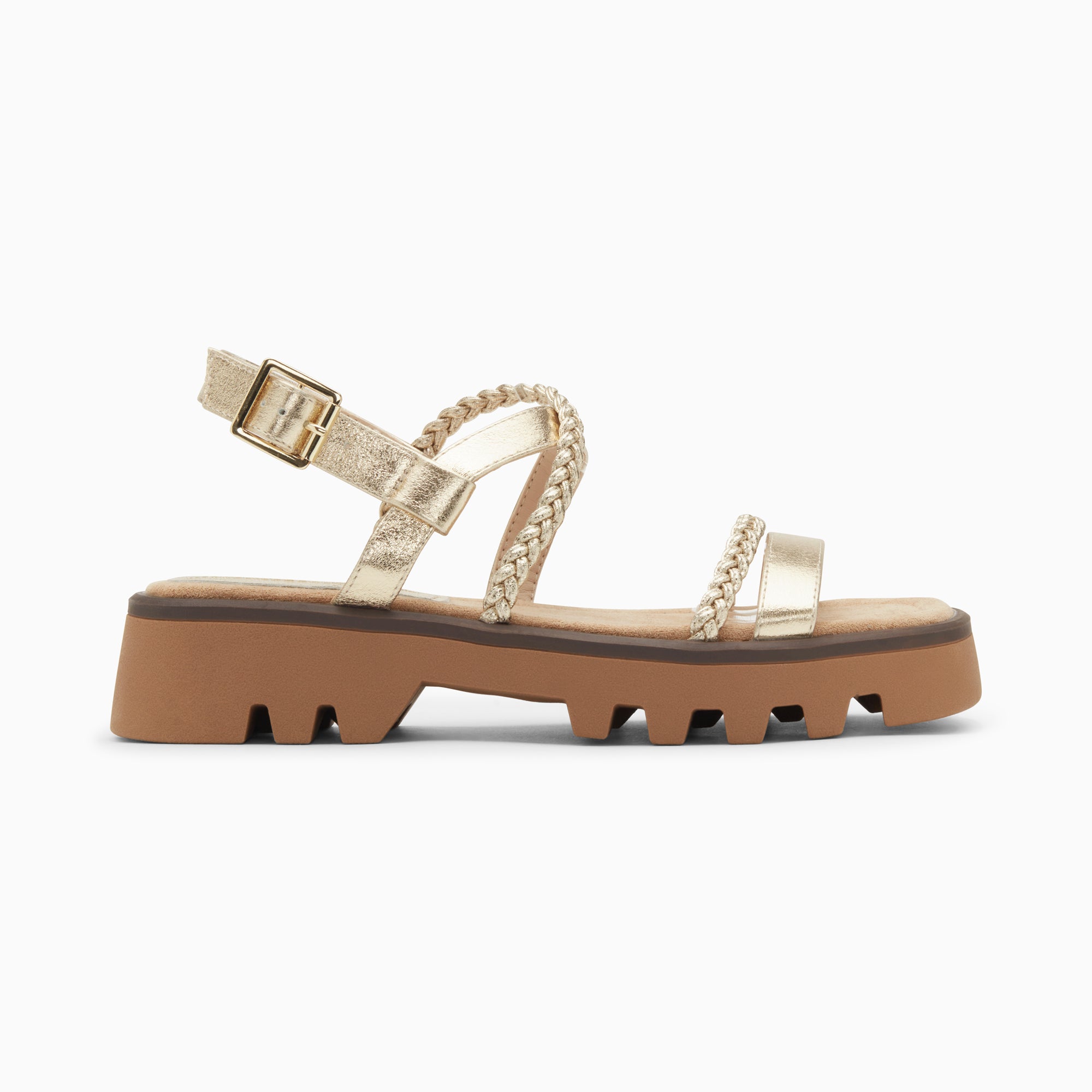 Bonnie gold sandals with braided straps and notched platform