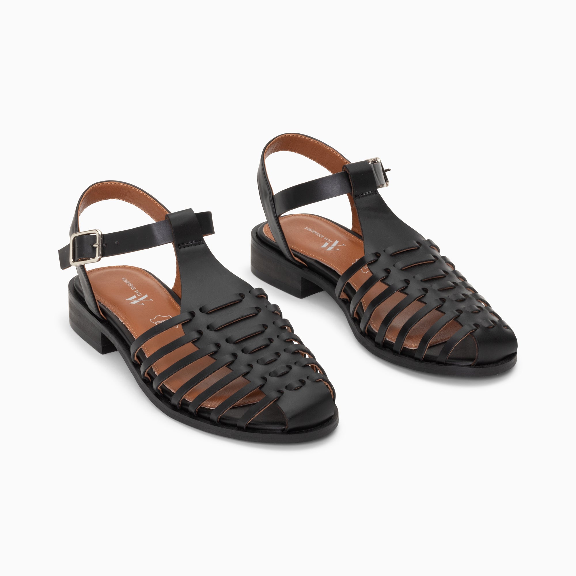 Anne fisherman style flat sandals with thin matte black straps